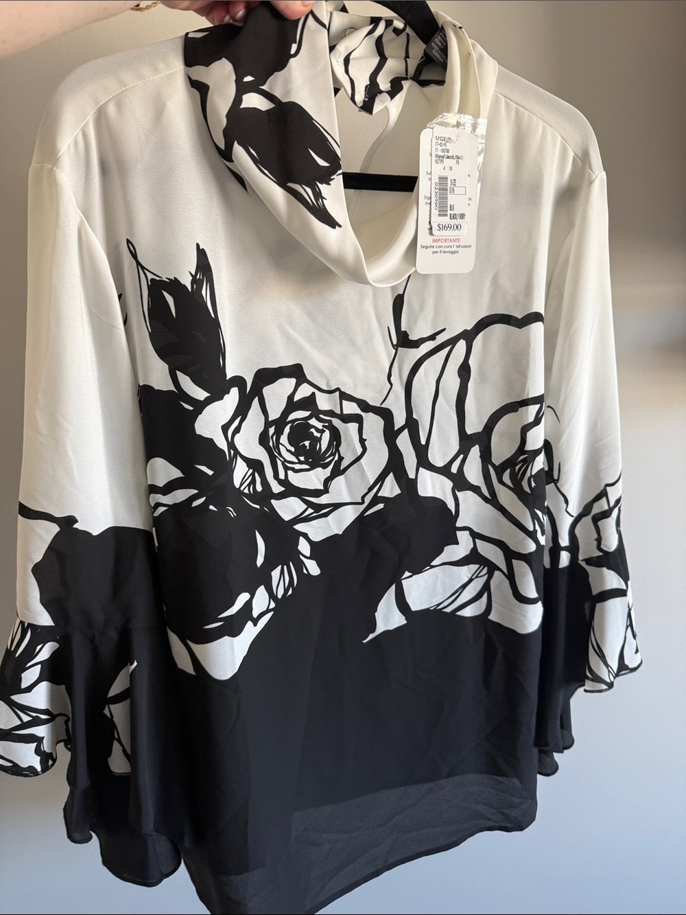 Frank Lyman Design Black & White Floral Cowl-Neck Blouse